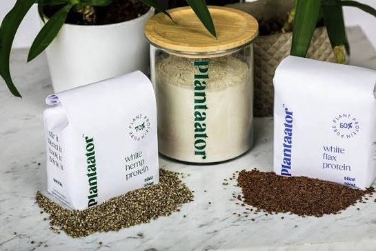 Plantaator white hemp protein and white flax protein bags with hemp seeds